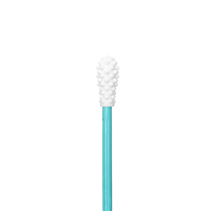 A blue stick-shaped tool, with a textured white rubber tip featuring small bumps, resembles the LastSwab Original Reusable Swab by LastObject. It stands vertically upright in the images center against a white background, reminiscent of an eco-friendly ear cleaning device.