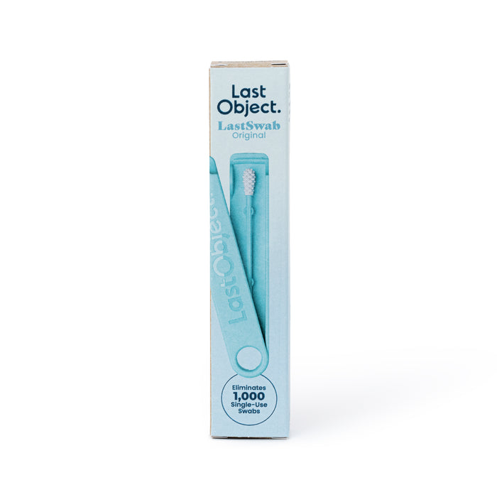 A rectangular box of LastObject features the LastSwab Original Reusable Swab in light blue packaging, highlighting an eco-friendly ear cleaning solution with a reusable swab image, and text stating it replaces 1,000 single-use swabs.