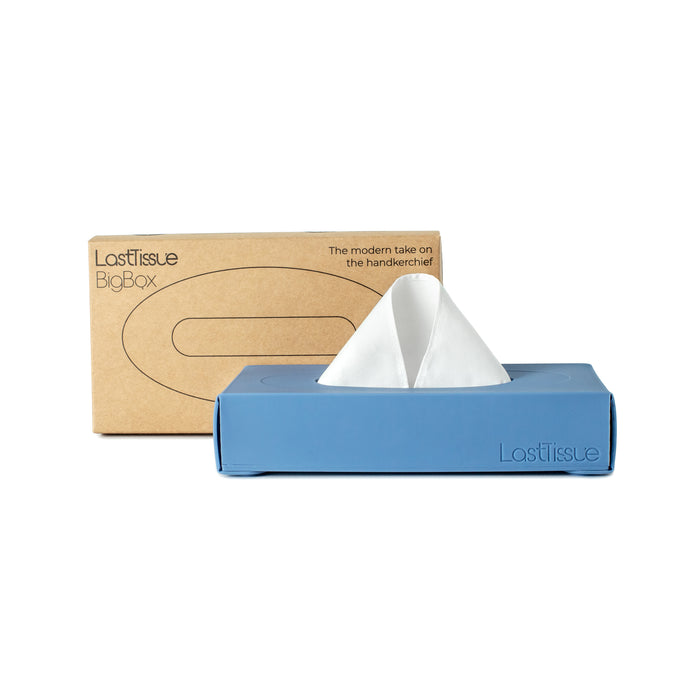 A blue LastObject LastTissue Box, with eco-friendly tissues partially pulled out, sits before a brown cardboard package. The package showcases LastTissue BigBox and features an oval design, highlighting the sustainable organic cotton tissues inside.