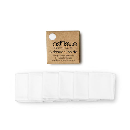A brown LastTissue Refill box by LastObject, made from recycled ocean-bound plastic, sits above six neatly folded white reusable tissues crafted from organic cotton.