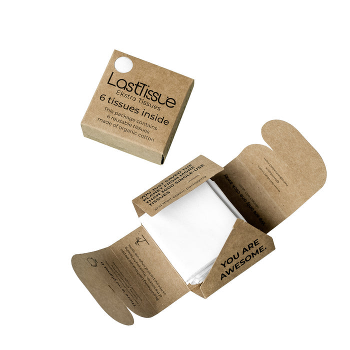 Eco-friendly LastTissue Refill packaging made from recycled ocean-bound plastic contains six organic cotton tissues. The box features text: LastObject, 6 tissues inside, and You are awesome.
