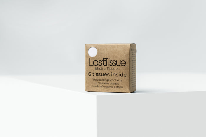 On a white surface, a small brown box titled LastTissue Refill by LastObject showcases its commitment to sustainable beauty. The minimalist design with a circular cutout on the upper left corner reveals six reusable organic cotton tissues inside.