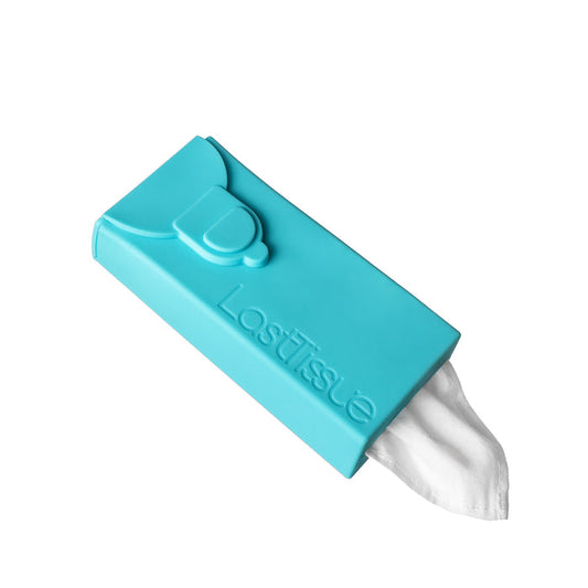Blue reusable tissue case by LastObject under the product name LastTissue, featuring a flap closure. An eco-friendly, organic cotton white tissue is partially pulled from the opening.
