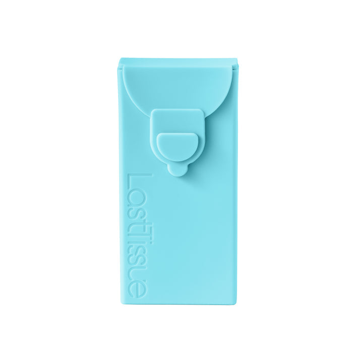 A light blue, eco-friendly tissue holder from LastObject with a front snap closure. Designed for ease, it features LastTissue embossed vertically on the left and is ideal for storing reusable organic cotton tissues.