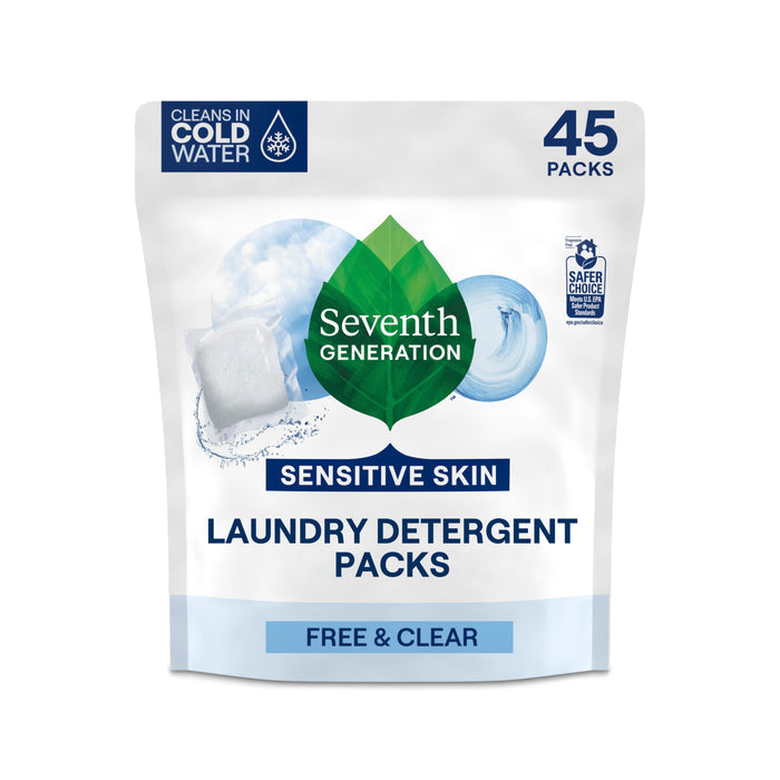 Seventh Generation’s Laundry Detergent Packs - Sensitive Skin, Free & Clear, offers 45 hypoallergenic, fragrance free packs that clean effectively even in cold water—ideal for sensitive skin.