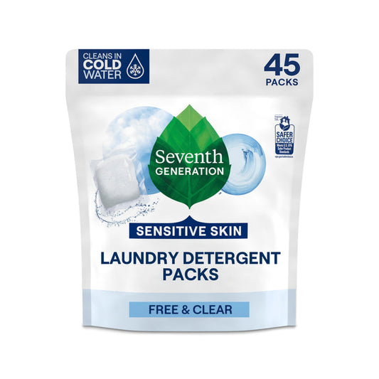 Seventh Generation’s Laundry Detergent Packs - Sensitive Skin, Free & Clear, offers 45 hypoallergenic, fragrance free packs that clean effectively even in cold water—ideal for sensitive skin.