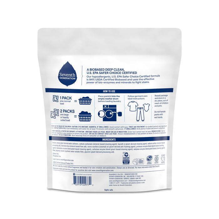 Back of a Seventh Generation Laundry Detergent Packs - Sensitive Skin pouch showing instructions, ingredients, certifications, and usage directions in blue text on a white background.