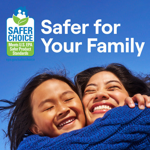 A woman and young girl smile and hug in blue sweaters under a clear sky. “Safer for Your Family” appears with the Safer Choice badge—spotlighting Seventh Generation Ultra Power Plus Laundry Detergent Packs’ naturally derived formula.