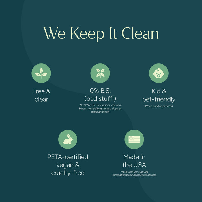 Laundry Detergent Pacs: free & clear, tough on stains, kid & pet-safe, made in the USA.