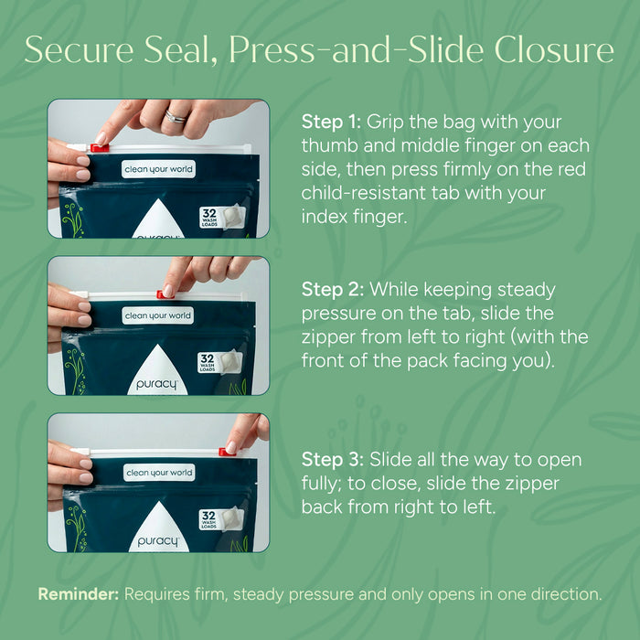 Hands demonstrating how to open Laundry Detergent Pacs bag with secure press-and-slide zipper; free & clear.