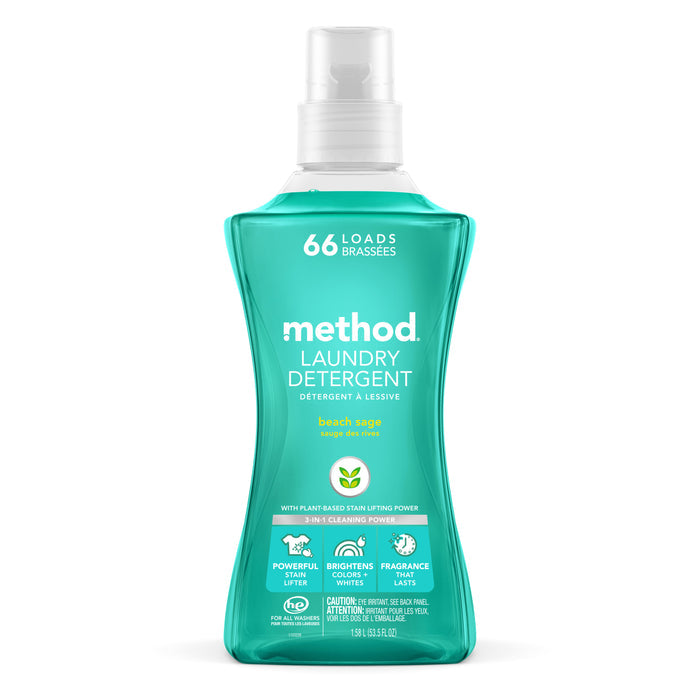A teal bottle of methods beach sage Laundry Detergent Pour offers 66 loads and features plant-based stain-lifting power, vegan formulation, and aligns with cruelty-free cleaning practices for a fresher, ethical wash.