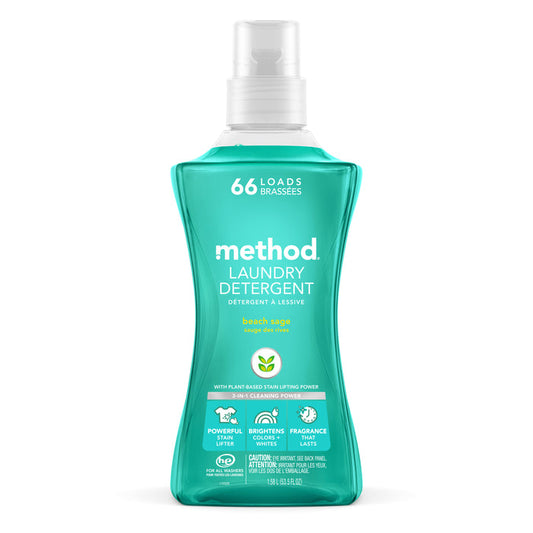 A teal bottle of methods beach sage Laundry Detergent Pour offers 66 loads and features plant-based stain-lifting power, vegan formulation, and aligns with cruelty-free cleaning practices for a fresher, ethical wash.
