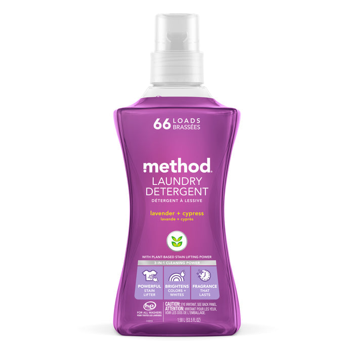 A 53.5 fl oz bottle of method Laundry Detergent Pour in a purple design offers 66 loads and a lavender + cypress scent, featuring powerful stain removal, color brightening, lasting fragrance, and is cruelty-free.
