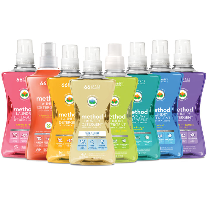 A vibrant lineup of methods Laundry Detergent Pour in assorted scents, each vegan and paraben-free. Bottles have a clear cap and 66 loads label with eco-friendly symbols. Available in pink, purple, orange, yellow, green, and blue.
