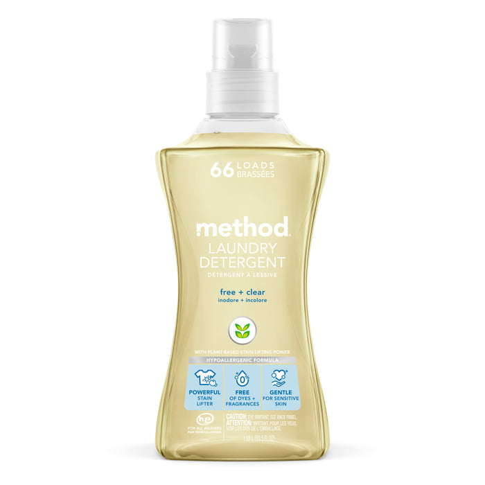 Methods Laundry Detergent Pour, with a clear-yellow liquid for 66 loads, features a vegan and hypoallergenic formula in free + clear. This plant-derived detergent is paraben-free, cruelty-free, fragrance-free, and gentle on sensitive skin.