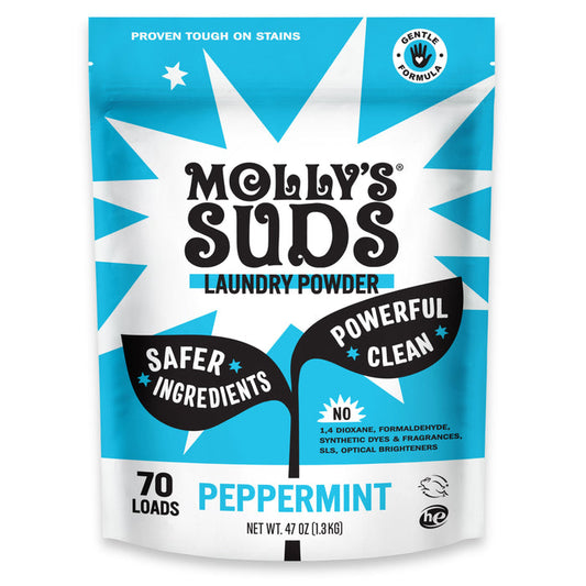 Molly’s Suds Laundry Detergent Powder, in a blue and white bag labeled “Peppermint,” offers 70 loads with safer ingredients and a gentle, non-toxic formula ideal for sensitive skin—free from harsh chemicals.