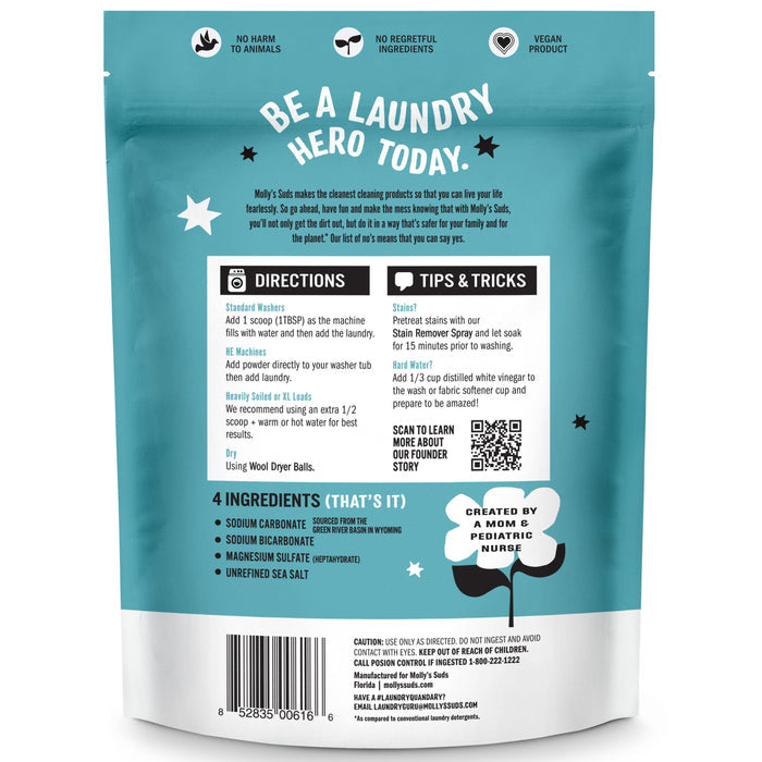 The image shows the back of a Mollys Suds Laundry Powder pouch with Be a Laundry Hero Today, featuring directions, tips, and ingredients. It highlights the detergent as vegan and hypoallergenic without animal harm. A QR code provides additional information.