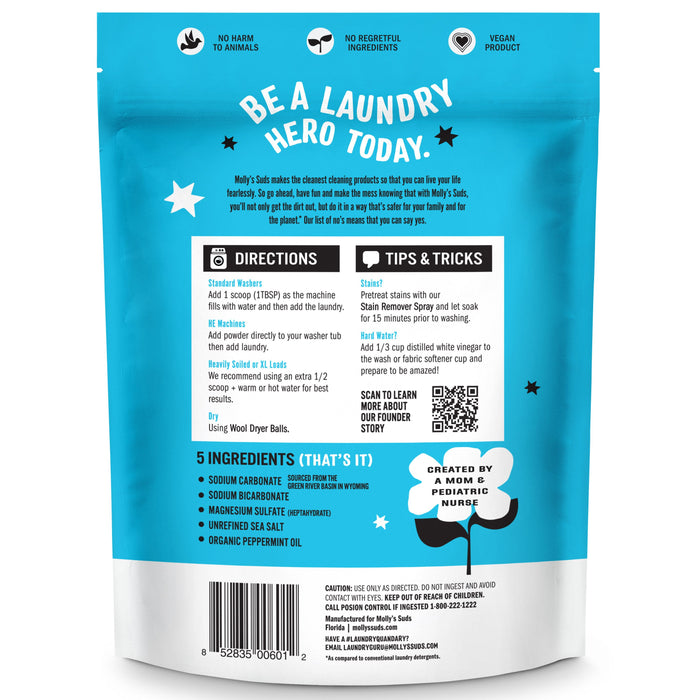 The back of Mollys Suds Laundry Powder package includes graphics and text, with directions, a 5-ingredient list, tips & tricks, and a QR code. Labels highlight No Harm to Animals and Vegan Product. A blue starry design with playful text showcases this hypoallergenic laundry powder.