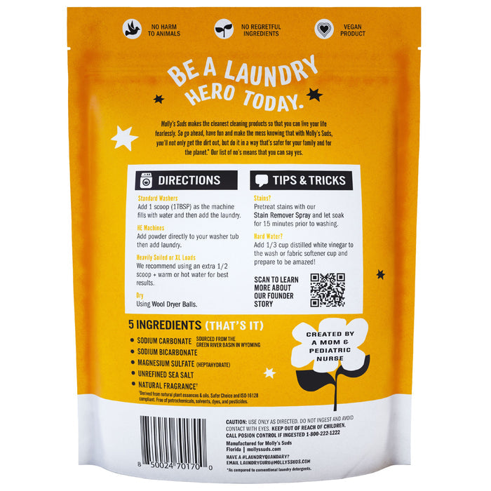 The image shows the back of Mollys Suds Laundry Powder packaging. It includes directions, tips, tricks, and a list of five ingredients. The yellow and white package with decorative stars highlights eco-friendly cleaning using non-toxic detergent.