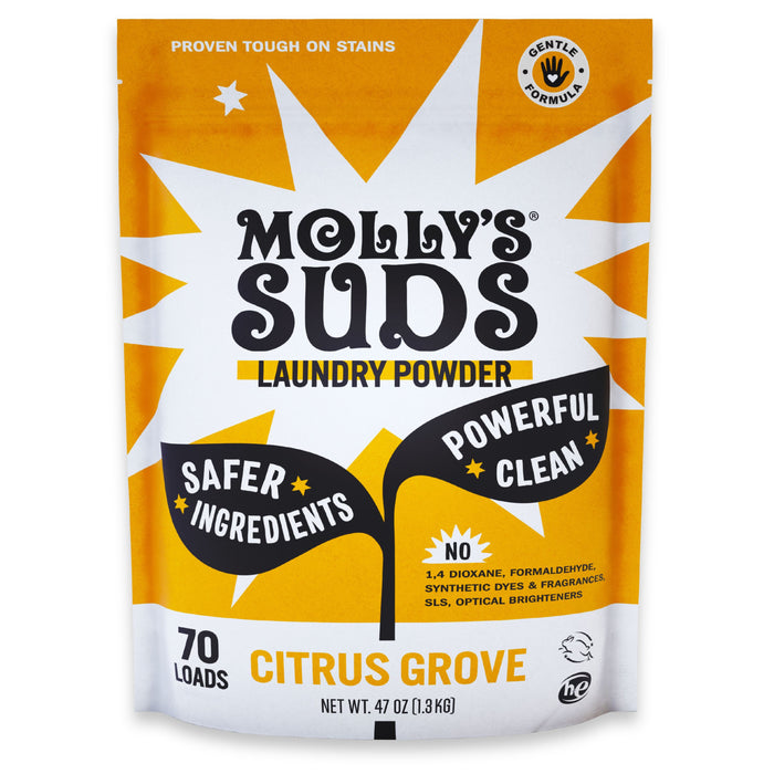 A yellow and white pouch of Molly's Suds Laundry Detergent Powder in Citrus Grove scent, non-toxic and gentle for sensitive skin, provides a powerful clean for 70 loads, tough on stains, and is eco-friendly.