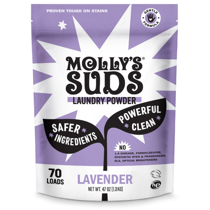 A lavender and white bag of Molly’s Suds Laundry Detergent Powder for 70 loads features a Lavender scent, Safer Ingredients, Powerful Clean, and a Gentle Formula for sensitive skin. Non-toxic.