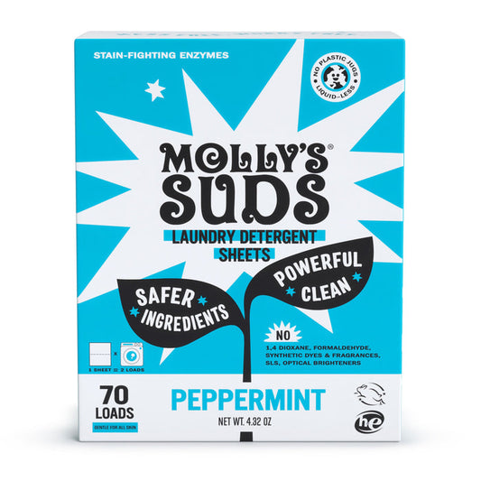 Mollys Suds Laundry Detergent Sheets in peppermint offer eco-friendly stain-fighting power with safer ingredients. Delivering zero waste cleaning, they come in plastic-free packaging and are free of harmful chemicals. Each 4.32 oz box provides 70 loads with liquid-less convenience.