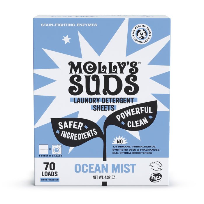 Mollys Suds Laundry Detergent Sheets in Ocean Mist scent offer eco-friendly, plastic-free packaging with a blue and white design highlighting Safer Ingredients, Powerful Clean, and No 1,4 Dioxane. These liquidless sheets are suitable for 70 loads.