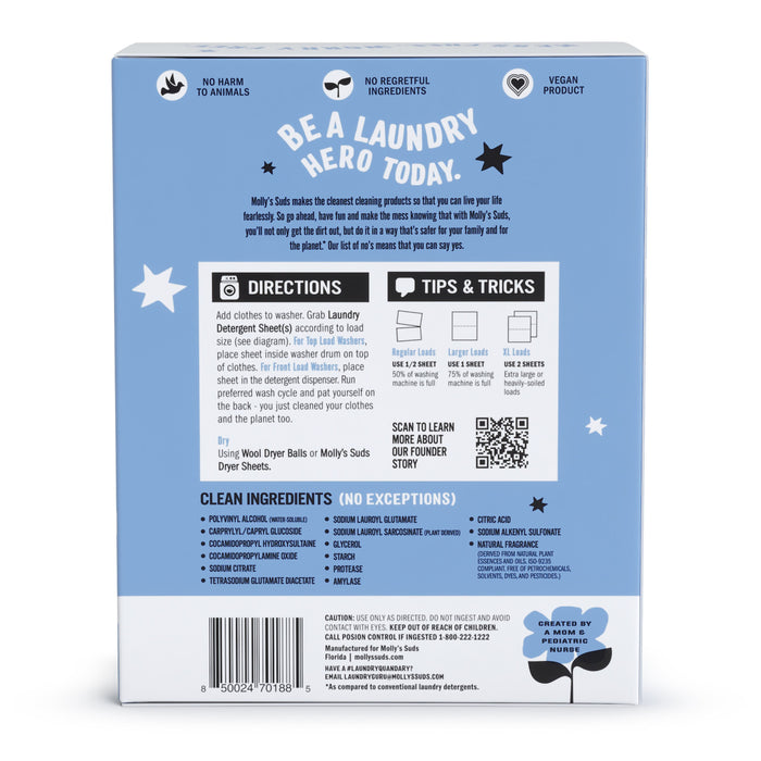 The image shows the back of Mollys Suds Laundry Detergent Sheets package with instructions, tips, and clean ingredients. Emphasizing safety and vegan status, this eco-friendly detergent features plastic-free packaging, a QR code for details, and star and cloud graphics.