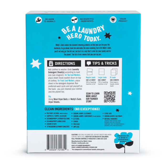 The image shows the back packaging of Mollys Suds Laundry Detergent Sheets. It includes usage directions, tips, a clean ingredients list with no exceptions, emphasizes zero waste benefits and safety in its marketing messages. The background is calming blue.