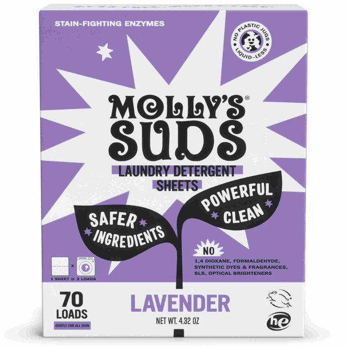 Molly’s Suds Laundry Detergent Sheets in purple and white, labeled safer ingredients, powerful clean, and 70 loads. Features eco-friendly, plastic-free packaging for a greener laundry experience.