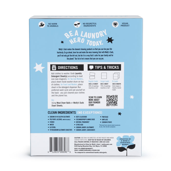 The back of Molly’s Suds Laundry Detergent Sheets’ blue and white box shows directions, tips, a QR code, ingredients, and icons for vegan formula, no harsh chemicals or regrets ingredients, and plastic-free packaging.
