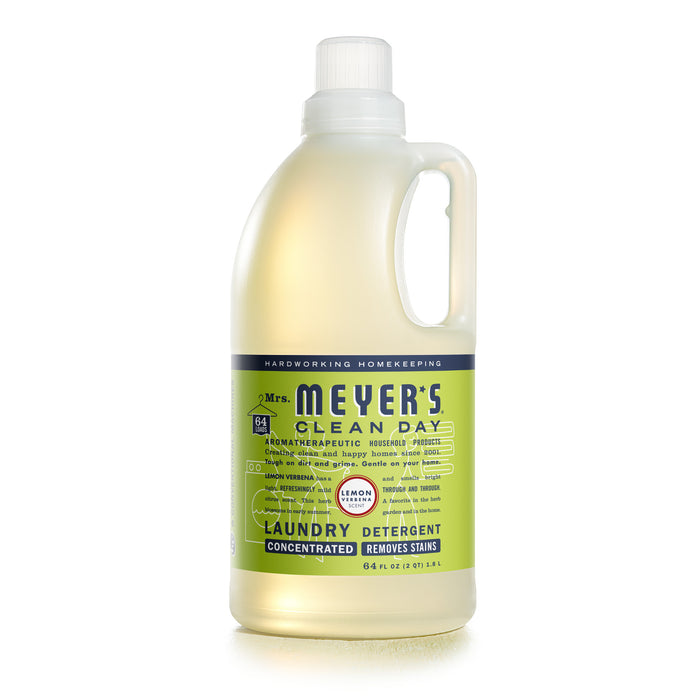 Discover Mrs. Meyers 64 fl oz concentrated laundry detergent with a refreshing lemon scent. The green label with white and black text highlights its effective stain removal, perfect for all your laundry needs.