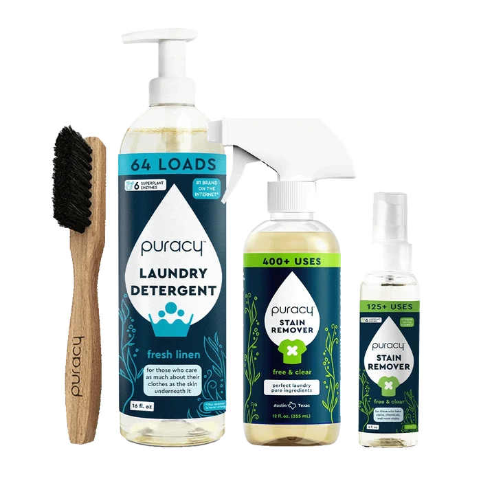 The Laundry Essentials Bundle delivers an exceptional laundry experience with its detergent, stain removers, and an effective brush featuring black bristles designed to tackle tough stains.