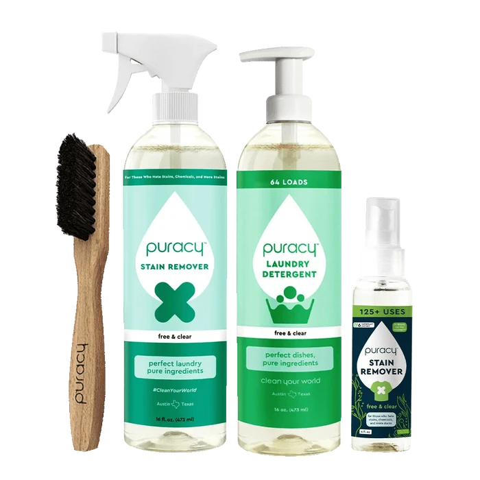 The Laundry Essentials Bundle provides a comprehensive laundry solution with its detergent, stain remover, spray, and wooden brush—ideal for handling tough stains.