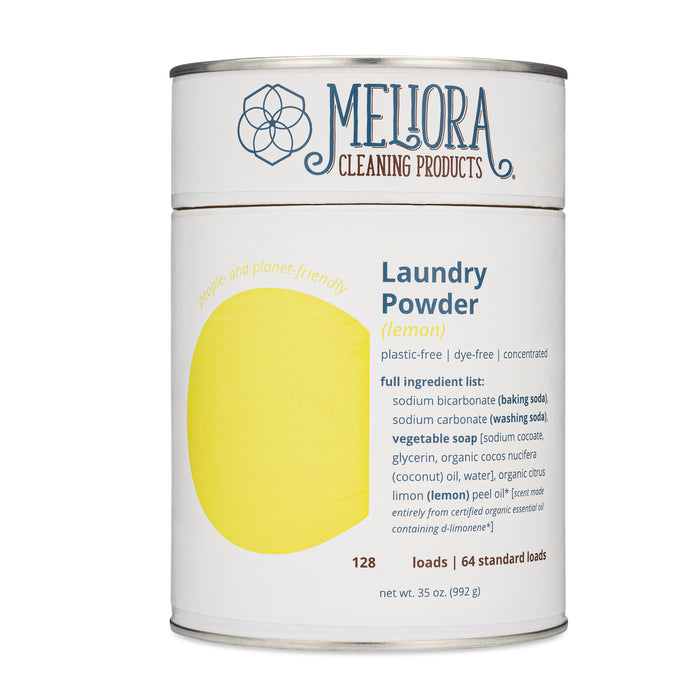 Melioras Laundry Powder comes in a cylindrical container featuring a lemon design and highlights its eco-friendly, plastic-free, dye-free, and synthetic fragrance-free qualities. It includes a full ingredient list and load count for the environmentally conscious buyer.