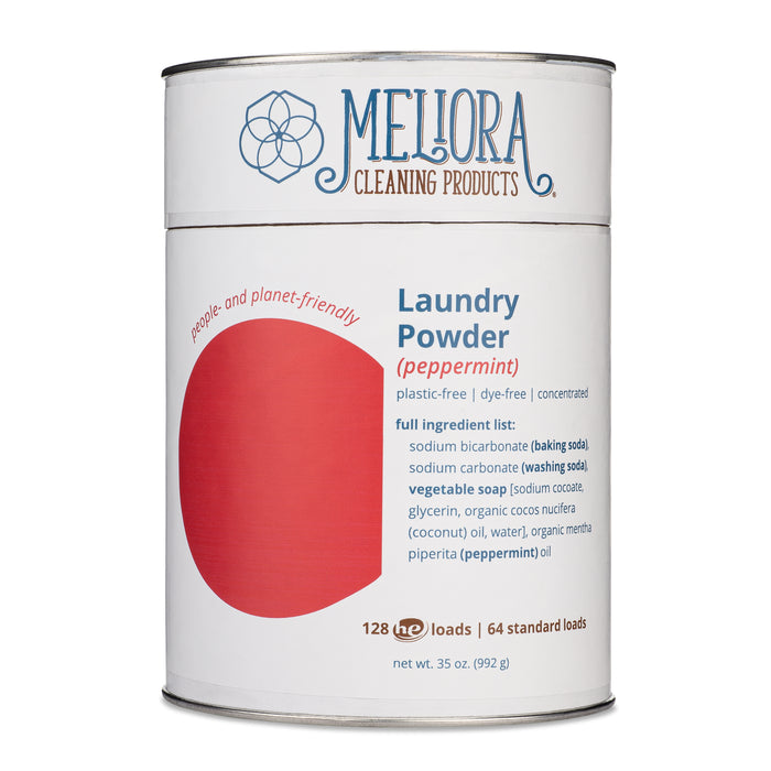 A peppermint-scented, white cylindrical container from Meliora features Laundry Powder thats planet-friendly, plastic-free, synthetic fragrance-free, and provides 128 HE or 64 standard loads. Made with natural and organic ingredients.