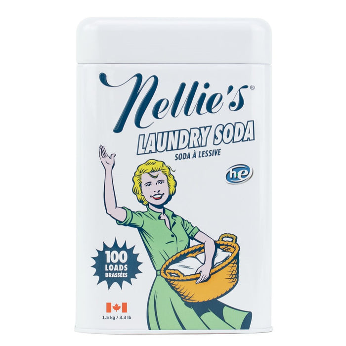 Nellies Laundry Soda, in a white tin container, showcases a retro illustration of a woman in a green dress with a laundry basket. It can handle 100 loads and includes a small Canadian flag at the bottom for classic charm.