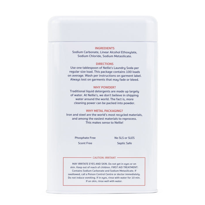 The back of Nellies Laundry Soda container lists ingredients like sodium carbonate, usage instructions emphasizing its powder form benefits and eco-friendly metal packaging, enhanced with an Oxygen Brightener. Caution is advised for eye and skin irritation.
