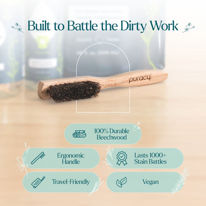 Wooden brush with bristles on a surface, labeled 'puracy', with text highlighting features. #common #size_one-size _#size