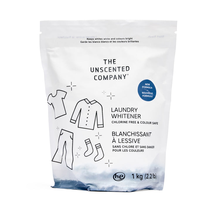 A white 1 kg bag of The Unscented Company Laundry Whitener + Brightener, featuring simple black clothing illustrations. This natural, chlorine-free bleach alternative is colour safe with English and French packaging text.