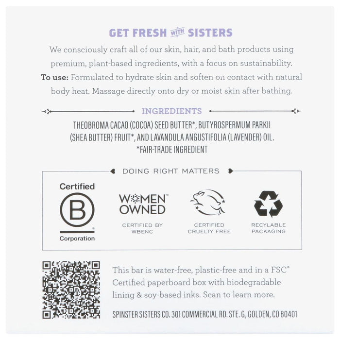 The image displays the packaging for Spinster Sisters Co.s Lavender Body Butter Bar, featuring Fair Trade shea butter and natural ingredients. It highlights certifications: B Corporation, Women Owned, Certified Cruelty-Free, Recyclable Packaging. Made in Colorado, USA.