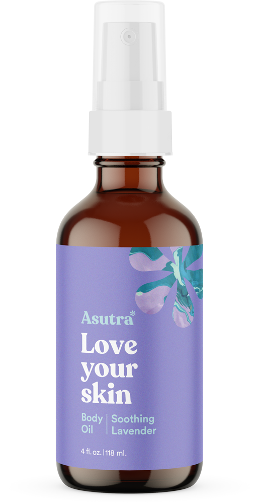 Asutras Lavender Body Oil comes in a 4 fl. oz. brown glass bottle with a white spray cap and features a purple label with green and purple flowers, reading Asutra Love your skin Body Oil Soothing Lavender. Enhanced with lavender essential oil, this is a natural skincare product.