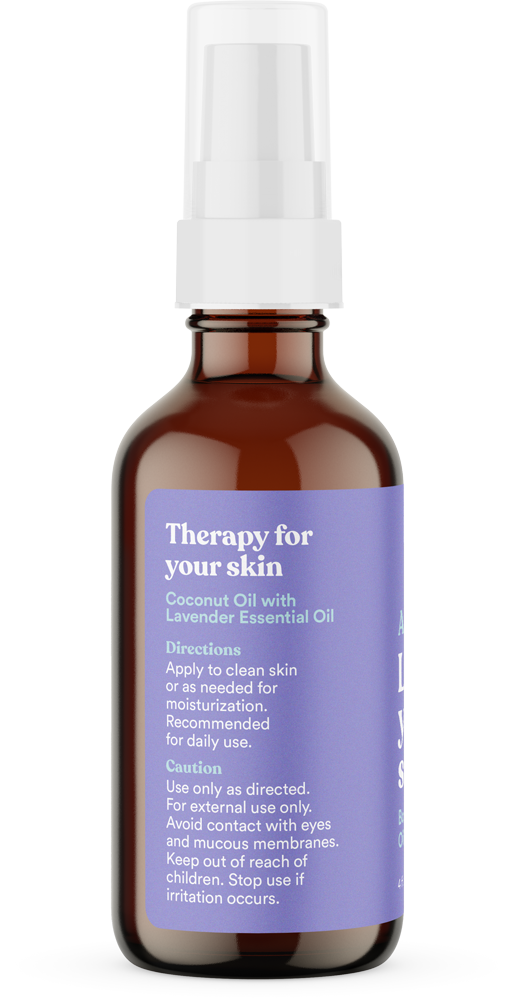 The brown bottle of Asutras Lavender Body Oil features a spray nozzle and is labeled Therapy for your skin. Infused with coconut oil and calming lavender essential oil, it includes directions and cautions on its purple label with white text, promising soothing care for body and mind.