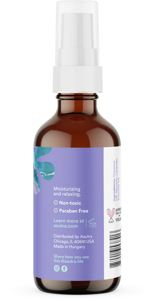The Lavender Body Oil by Asutra is a brown spray bottle with a purple floral label, highlighting its moisturizing, non-toxic, and paraben-free benefits. Distributed from Chicago and crafted in Hungary, this natural skincare product features a hint of lavender aroma.