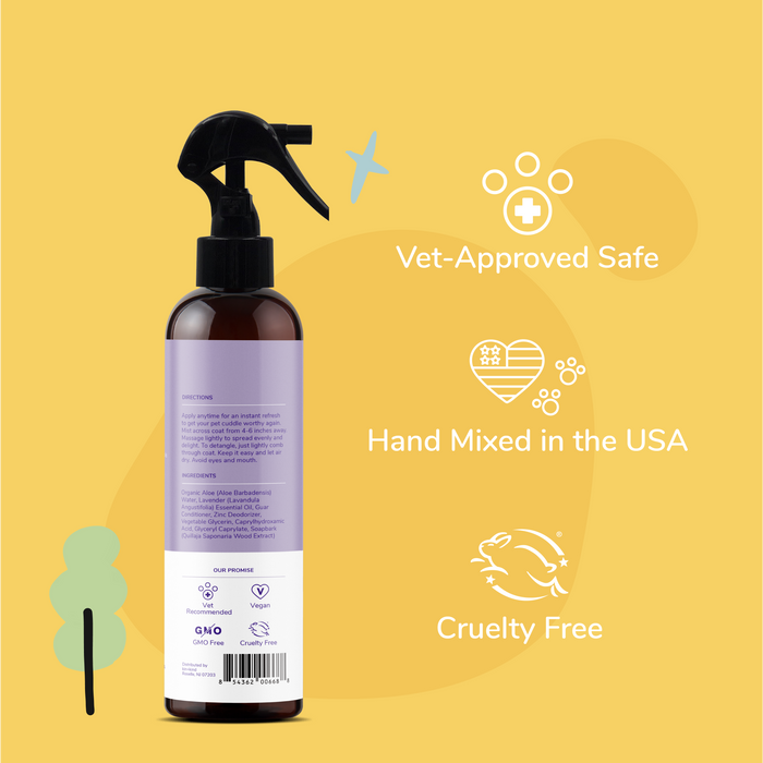 The Lavender Natural Coat Spray for Dog & Cat by kin+kind is shown on a yellow backdrop, featuring a purple bottle with black nozzle. The text highlights Vet-Approved Safe, Hand Mixed in the USA, and Cruelty-Free. Icons and a barcode are also visible on this top-tier natural pet product.