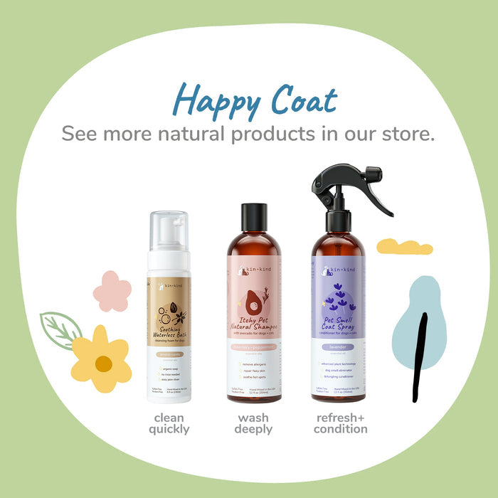 Image of three kin+kind natural pet care products on a light green background with colorful floral accents. Text reads: Happy Coat. Discover more from our store, like the Lavender Natural Coat Spray for Dog & Cat, perfect for cleaning and conditioning your pets coat.