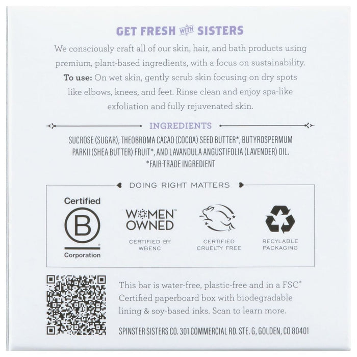 The Lavender Sugar Scrub Bar by Spinster Sisters Co. highlights our dedication to sustainable, plastic-free skincare. Crafted by a women-owned team in Golden, CO, its cruelty-free with FSC-certified packaging. Scan the QR code to learn more about our responsible exfoliation and hydration methods.