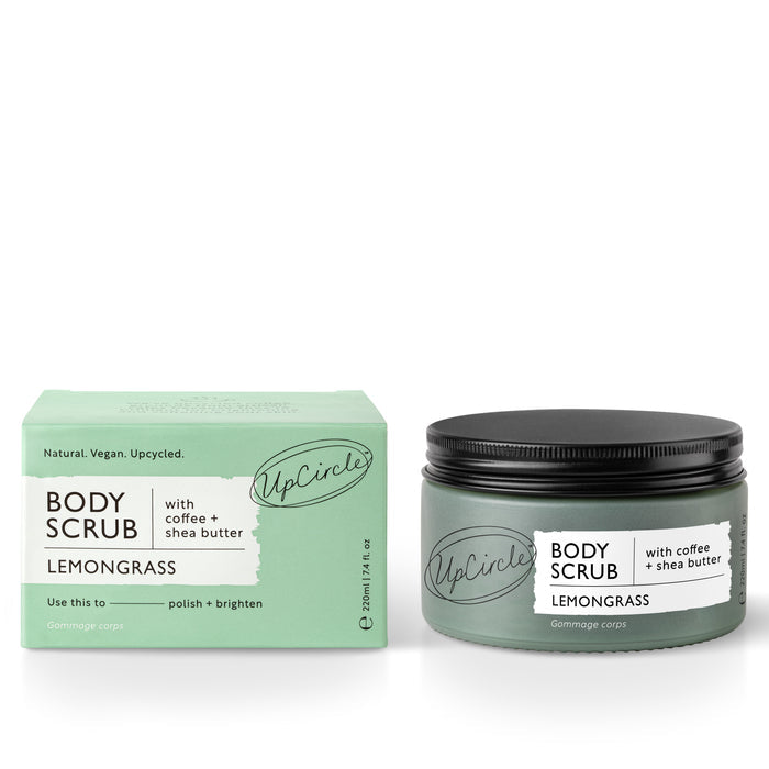 UpCircles Lemongrass Body Scrub with Coffee + Shea Butter, in green packaging with black text, is vegan and upcycled. It promises exfoliation using sea salt while polishing and brightening the skin.