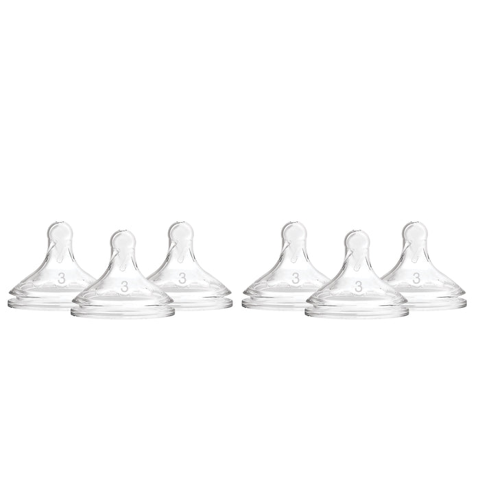 Six Dr. Browns Level 3 Flow Silicone Wide-Neck Nipples are evenly arranged in two rows on a plain white background, each featuring a small imprinted 3. Designed with anti-colic features for your babys comfort.