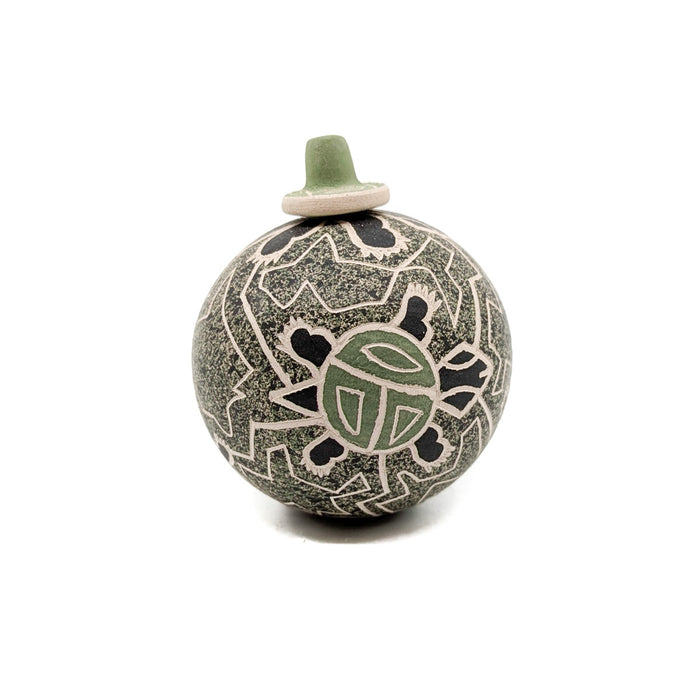 Lidded Green Seed Pot with Turtles
